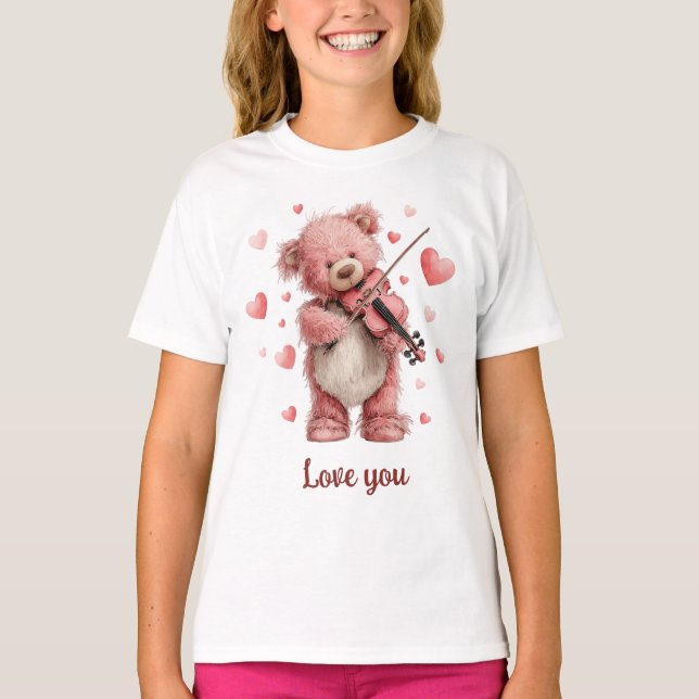 Liebst Du Teddy Mit Violine T-Shirt (Vorderseite)