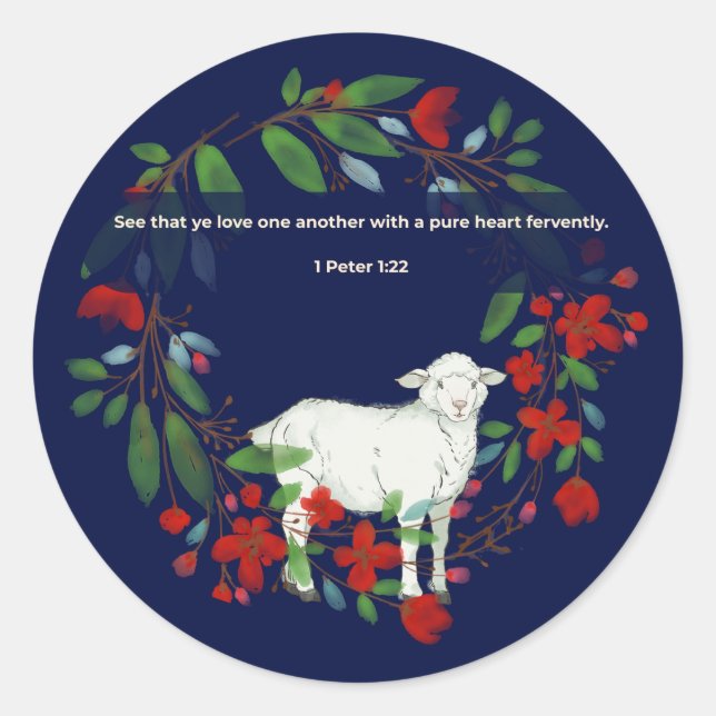 Liebt einander | Rund Sticker mit Lamm & Blumen (Vorderseite)