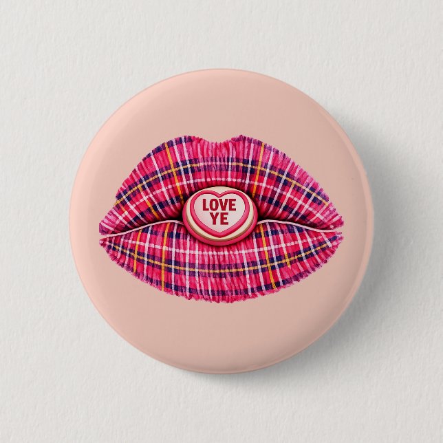 Liebt euch, schottischer Tartan-Kuss Lippen Schott Button (Vorderseite)