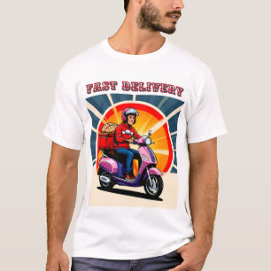 Lieferperson auf einem Roller mit Lebensmittelscha T-Shirt