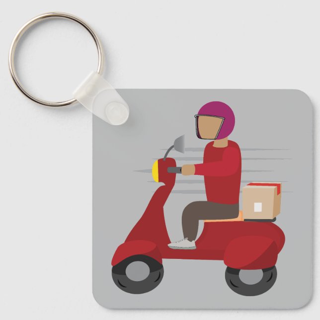 Lieferperson fährt Roller Schlüsselanhänger (Vorderseite)