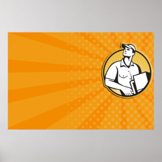 Lieferung Mann Pushing Dolly mit Karton Retro Poster