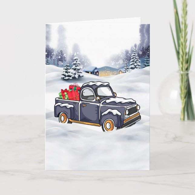 Lieferwagen LKW mit Geschenkboxen Schneeweihnachts Feiertagskarte (Vorderseite)