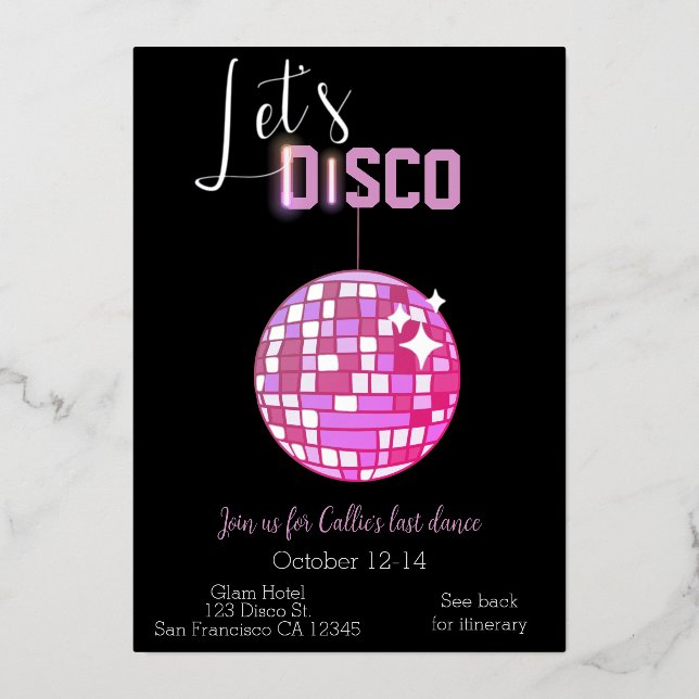 Ließt Disco Bachelorette Folieneinladung (Vorderseite)