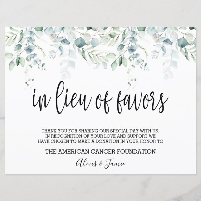 Lieu of favors Sign - Eukalyptus Wedding (Vorderseite)