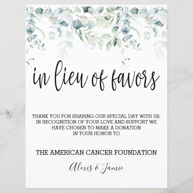 Lieu of favors Sign - Eukalyptus Wedding - V (Vorderseite)