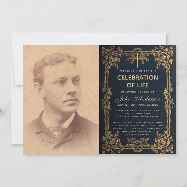 Life Celebration Beerdigung Foto Blue Gold Weintra Einladung (Vorderseite)