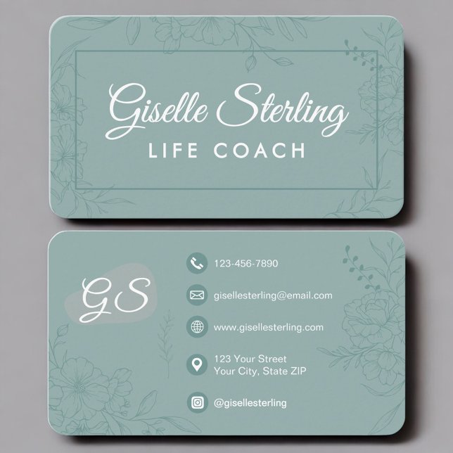 Life Coach Green Teal Floral Visitenkarte (Von Creator hochgeladen)