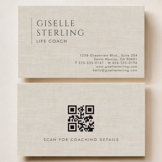 Life Coach Luxury Neutral Linen QR Code Visitenkarte (Von Creator hochgeladen)
