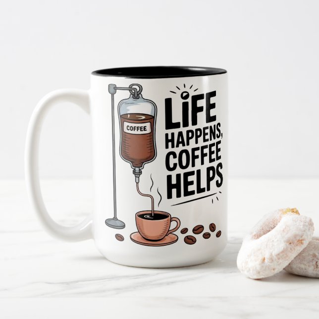 Life Happens Coffee Helps Funny Coffee Lover Zweifarbige Tasse (Mit Donut)