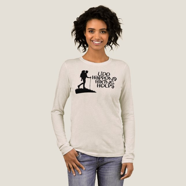 Life Happens Hiking Helps, Funny Hiking Tri-Blend Shirt (Volle Vorderseite)