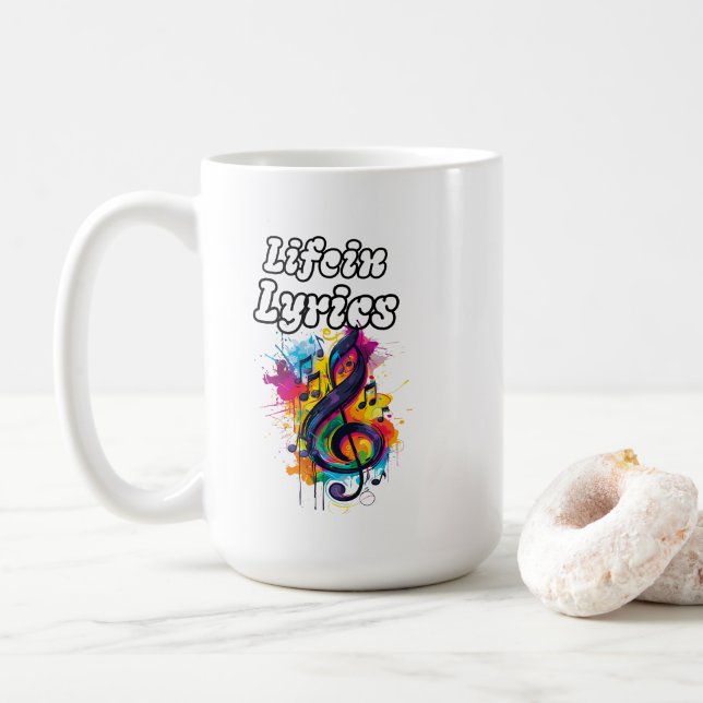 "Life in Lyrics" Farbnoten-Typografie-Design Kaffeetasse (Mit Donut)