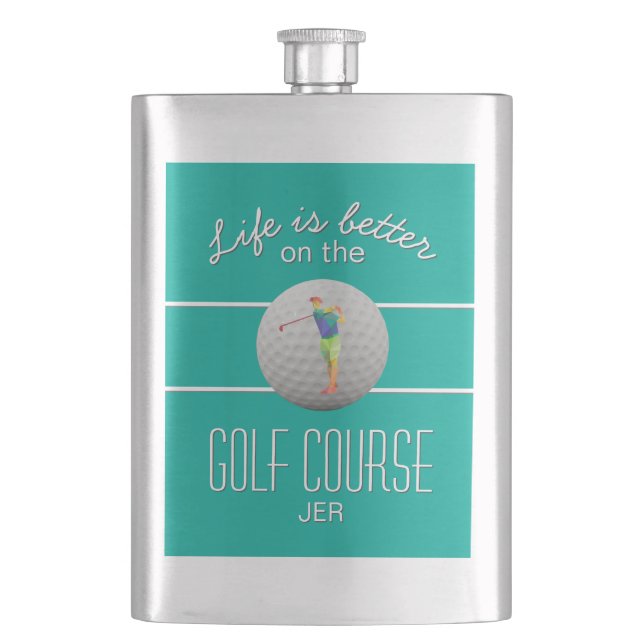 Life is Better Golf Polygonal Golfer Initialen Aqu Flachmann (Vorderseite)
