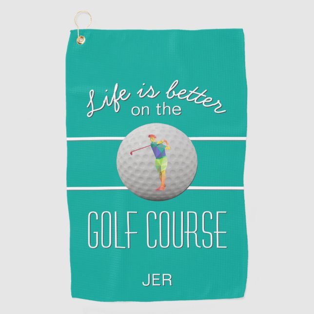 Life is Better Golf Polygonal Golfer Initialen Aqu Golfhandtuch (Vorderseite)