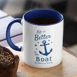 Life Is Better On The Boat Nautical Family Name Tasse<br><div class="desc">A stylish nautical themed 2 tone coffee mug with brush script and regal typography reading "Life is Better on the Boat" along with your family name, boat name or other desired text. This design features a classic boat anchor and five stars. Colors are classic navy blue on white. Makes a...</div>