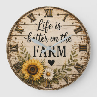 Life Is Better on the Farm Rustic Sunflower Große Wanduhr