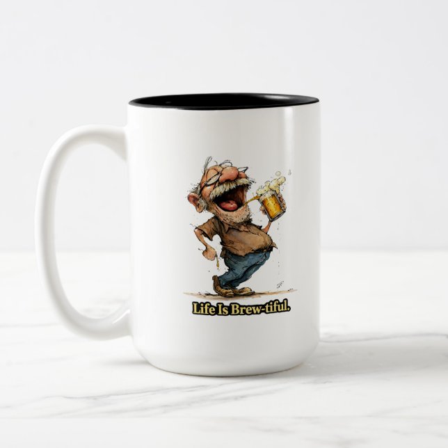 Life Is Brew-tiful Funny Beer Cartoon Tee Zweifarbige Tasse (Links)