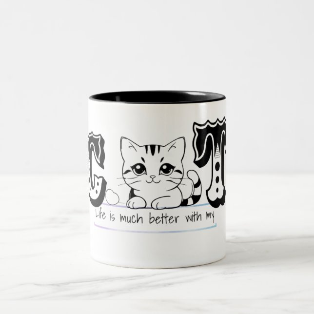 "Life Is Much Better With My Cat – Cute Cat Design Zweifarbige Tasse (Mittel)