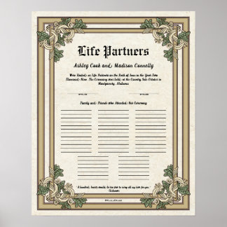 "Life Partners" Gastregister Hochzeitzertifikat Poster