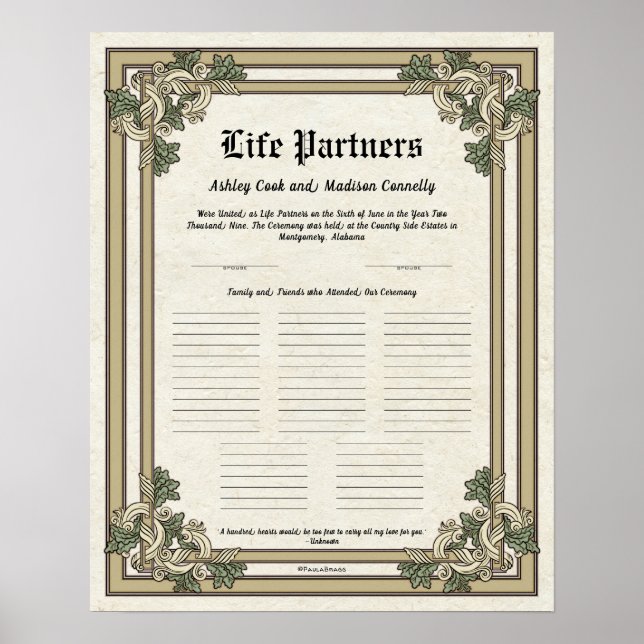 "Life Partners" Gastregister Hochzeitzertifikat Poster (Vorne)