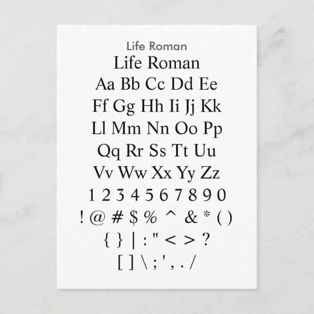 Life Roman - Zazzle Schriftart Sampler Sheet Postkarte (Vorderseite)