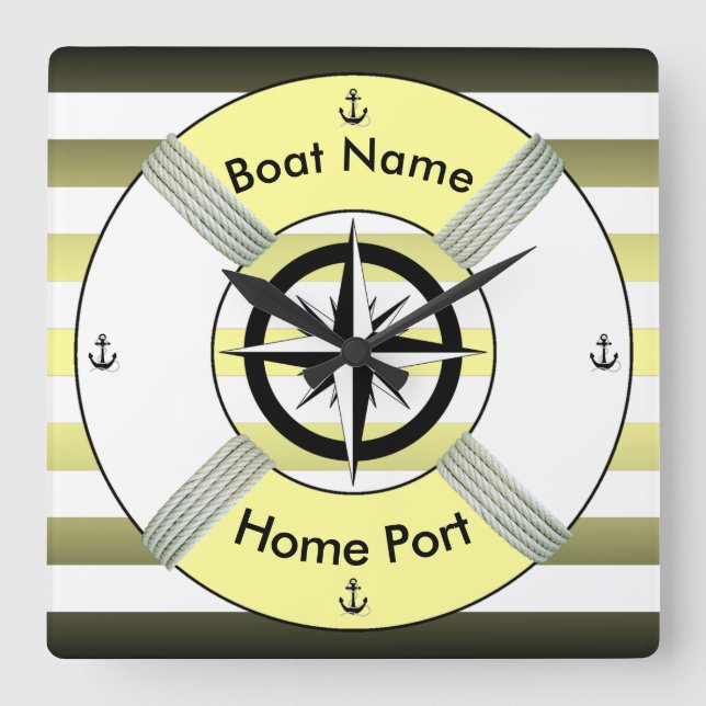 Lifebuoy ~ Lebensring ~ Gelbgrün und Weiß Quadratische Wanduhr (Vorderseite)