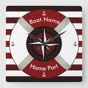 Lifebuoy ~ Life Ring ~ Livesaver ~Maroon Bl & Wh~ Quadratische Wanduhr