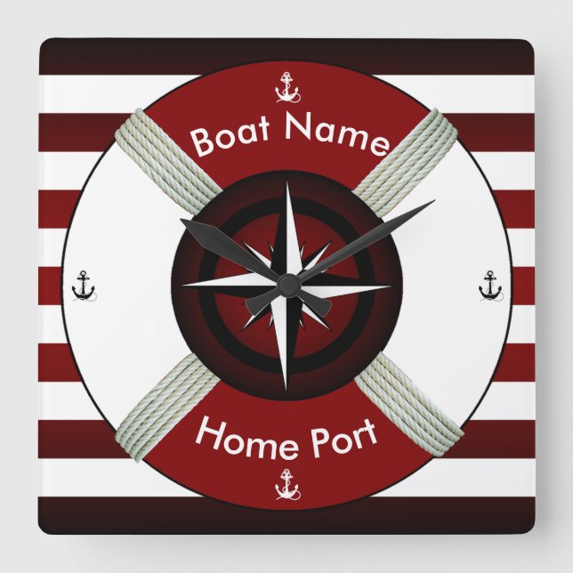 Lifebuoy ~ Life Ring ~ Livesaver ~Maroon Bl & Wh~ Quadratische Wanduhr (Vorderseite)