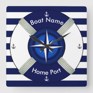 Lifebuoy ~LifeRing ~Livesaver ~Navy Blau u. White~ Quadratische Wanduhr