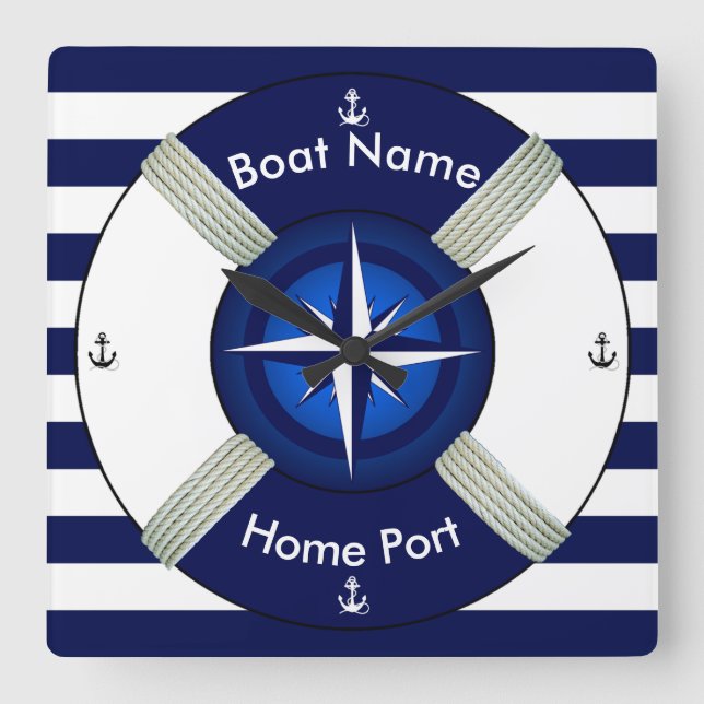 Lifebuoy ~LifeRing ~Livesaver ~Navy Blau u. White~ Quadratische Wanduhr (Vorderseite)