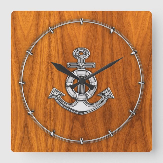 Lifesaver Chrome Anchor auf Teak Veneer Stile Quadratische Wanduhr (Vorderseite)
