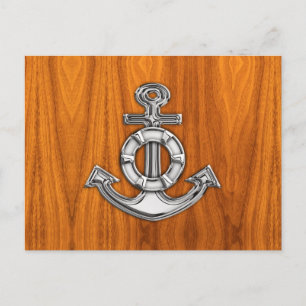 Lifesaver Chrome Like Anchor on Teak Veneer Postkarte