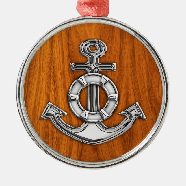 Lifesaver Chrome Like Anchor on Teak Veneer Silbernes Ornament (Vorne)
