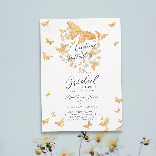 Lifetime Butterfets Gold Romantisches Brautparty Einladung (a lifetime of butterflies bright gold glitter eucalyptus botanical bridal shower invitation garden)