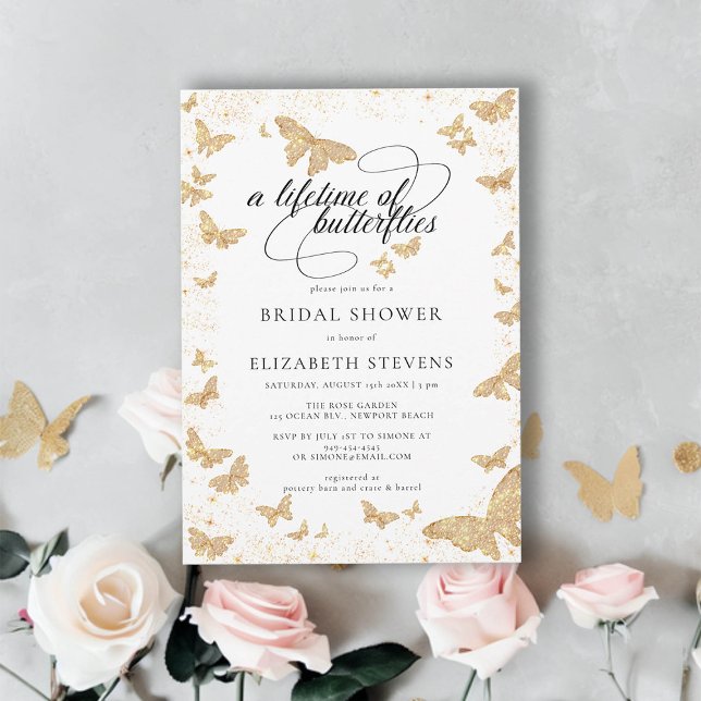 Lifetime Butterfets Gold Romantisches Brautparty Einladung (lifetime of butterflies bridal shower theme invitation gold garden romantic calligraphy elegant boho)