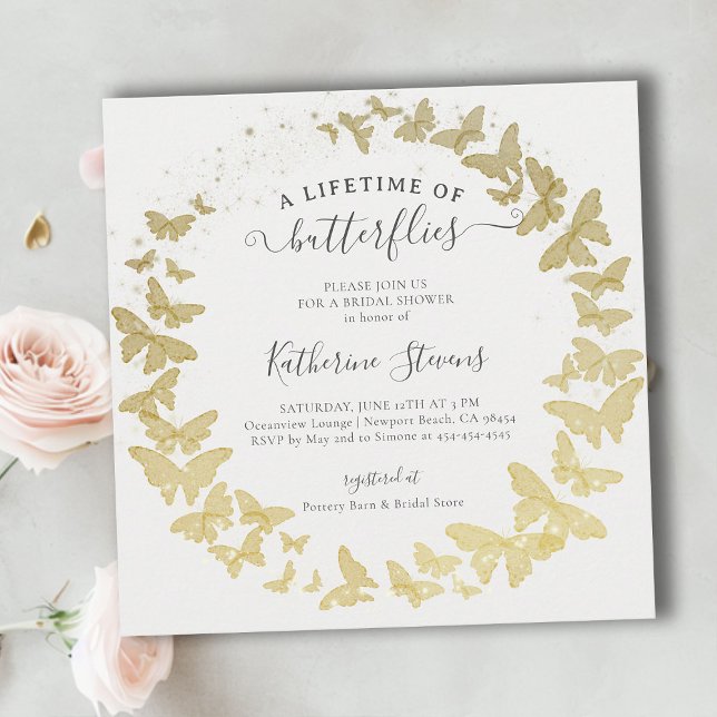 Lifetime Butterfets Wreath Modernes Brautparty Einladung (a lifetime of butterflies bridal shower invitation gold foil butterfly garden whimsical square)