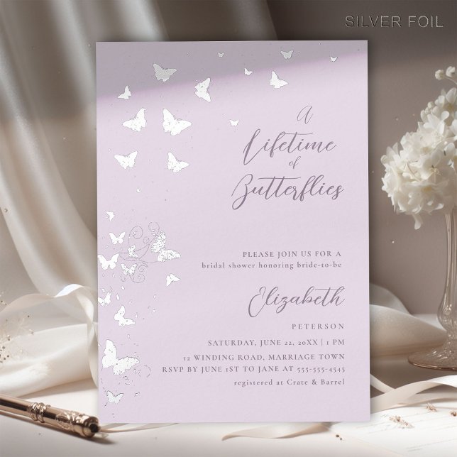 Lifetime Butterfliegen Lilac Silver Brautparty Folieneinladung (a lifetime of butterflies bridal shower invitation lilac silver foil elegant whimsical modern classy)