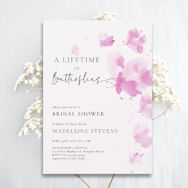 Lifetime Butterfliegen Romantisches rosa Brautpart Einladung (butterflies theme bridal shower invitation whimsical watercolor romantic dreamy pink purple)