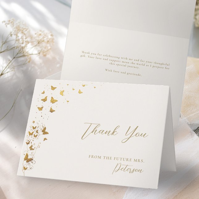 Lifetime Butterflies Elfenbein Gold Fold Brautpart Dankeskarte (butterflies bridal shower folded thank you card garden vines lifetime romantic gold ivory elegant )