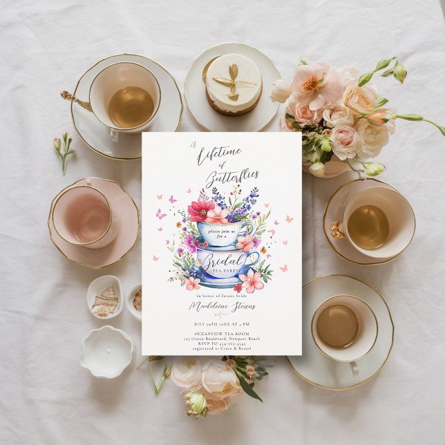 Lifetime Butterflies Wild Garden Tee Brautparty Einladung (bridal garden tea party invitation lifetime of butterflies wildflowers tea set elegant boho romantic)
