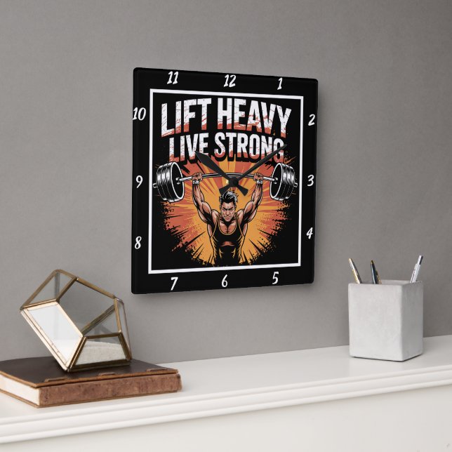Lift Heavy Live Strong Barbell Quadratische Wanduhr (Büro)