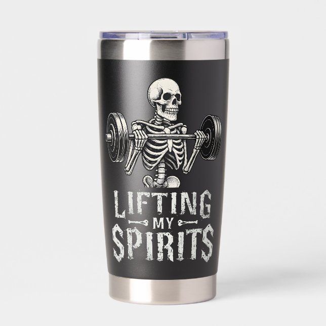 Lifting My Spirits Bodybuilding Skeleton Funny Gym Thermobecher (Vorderseite)