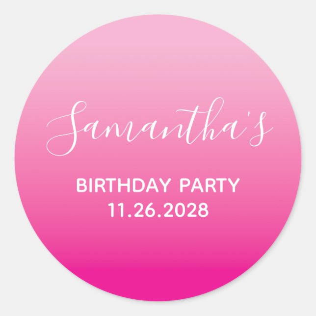 Light and Hot Pink Ombre Birthday Party Runder Aufkleber (Vorderseite)