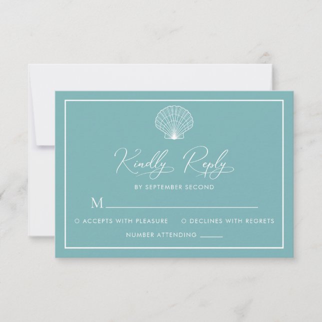 Light Aquamarin Blue Beach Seashell Elegante Hochz RSVP Karte (Vorderseite)