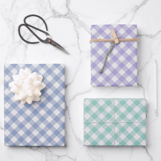 Light Aquamarin Periwinkle Violet Blue Gingham Geschenkpapier Set (Vorderseite)