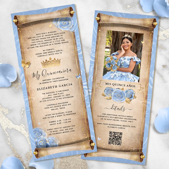 Light Baby Blue Gold Quince Scroll Einladungskarte Einladung (Elegant light baby blue and gold quinceanera scroll invitation cards for a fairytale birthday party.)