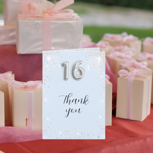 Light baby blue silber Glitzer Foto Sweet 16 Dankeskarte (Von Creator hochgeladen)