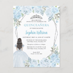 Light Baby Blue Silver Floral Princess Quinceañera Postkarte