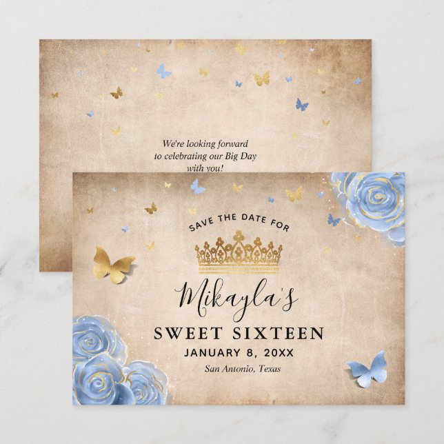 Light Baby Blue und Gold Rose Elegante Save The Date (Vorne/Hinten)