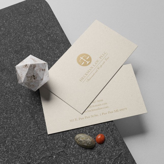 Light Beige Linen Gold Justice Logo Business Card Visitenkarte (Von Creator hochgeladen)
